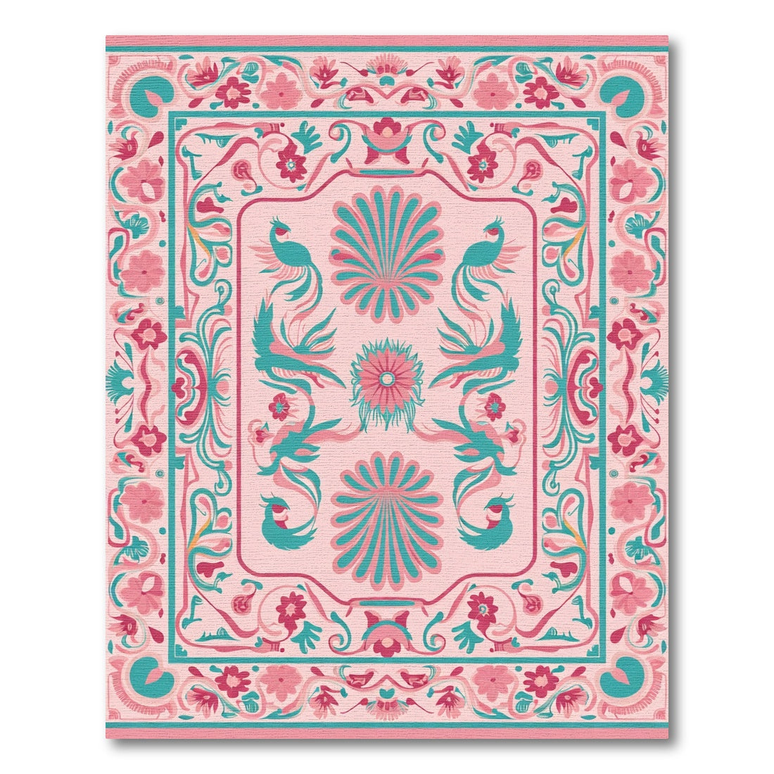 Pink Turquoise Bird Floral Garden Rug