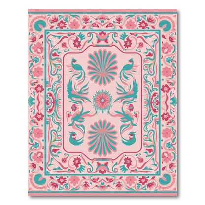 Pink Turquoise Bird Floral Garden Rug