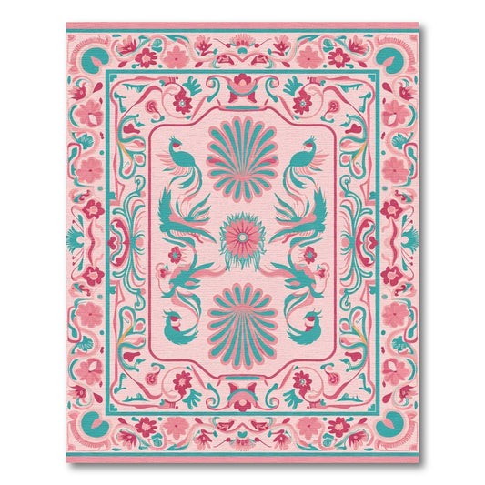 Pink Turquoise Bird Floral Garden Rug