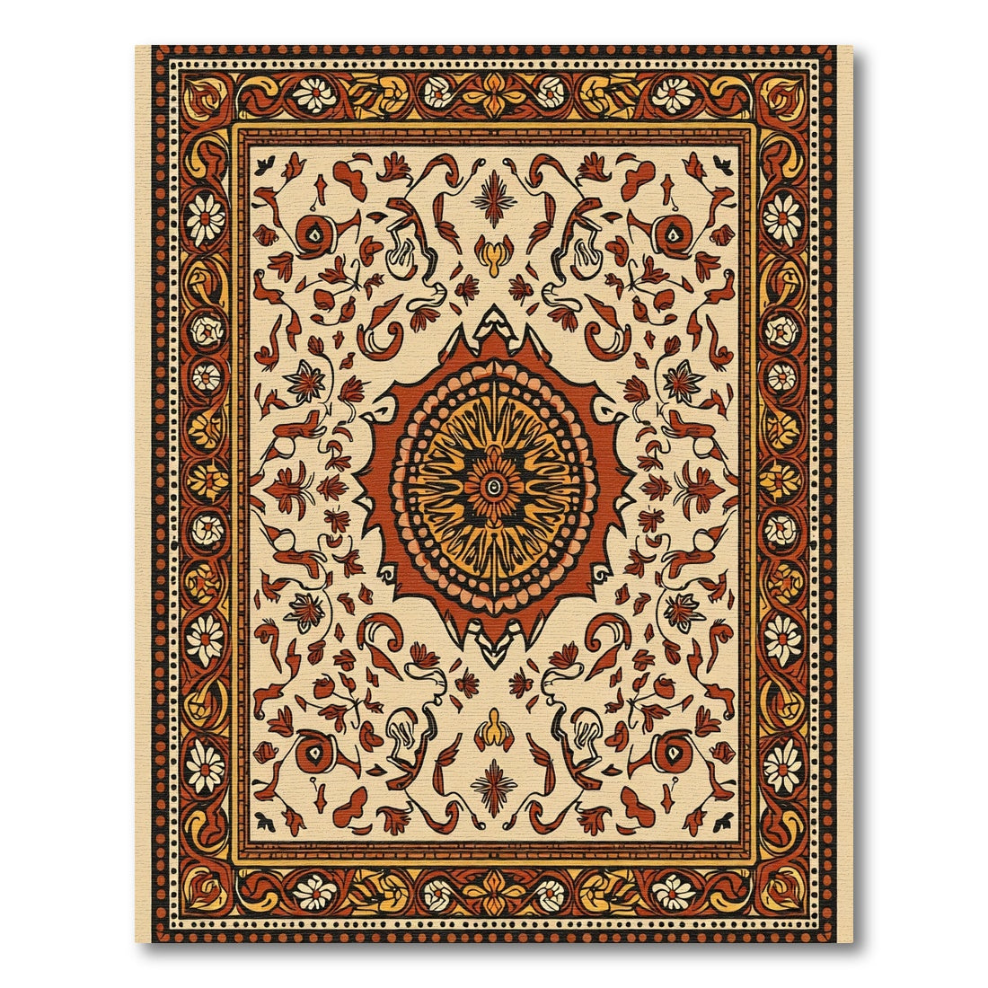 Rich Terracotta Floral Medallion Border Rug