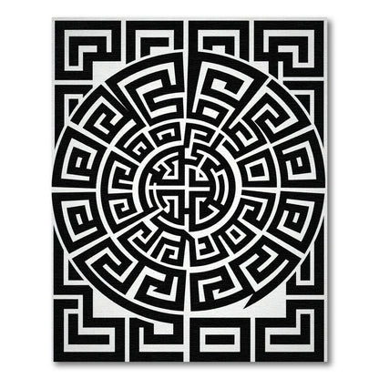 Black White Geometric Maze Circle Rug