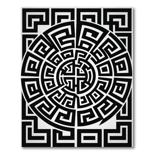 Black White Geometric Maze Circle Rug