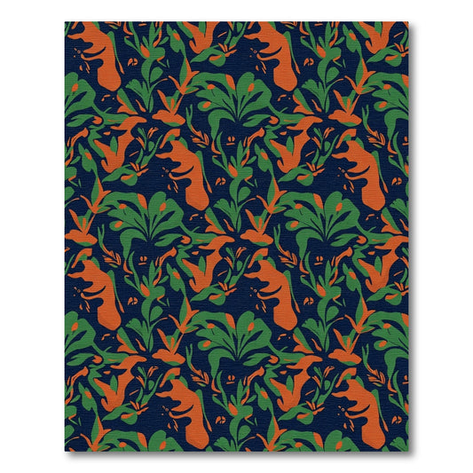Navy Blue Orange Green Abstract Foliage Rug