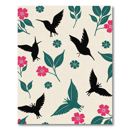 Black Hummingbird Pink Floral Leaves Rug