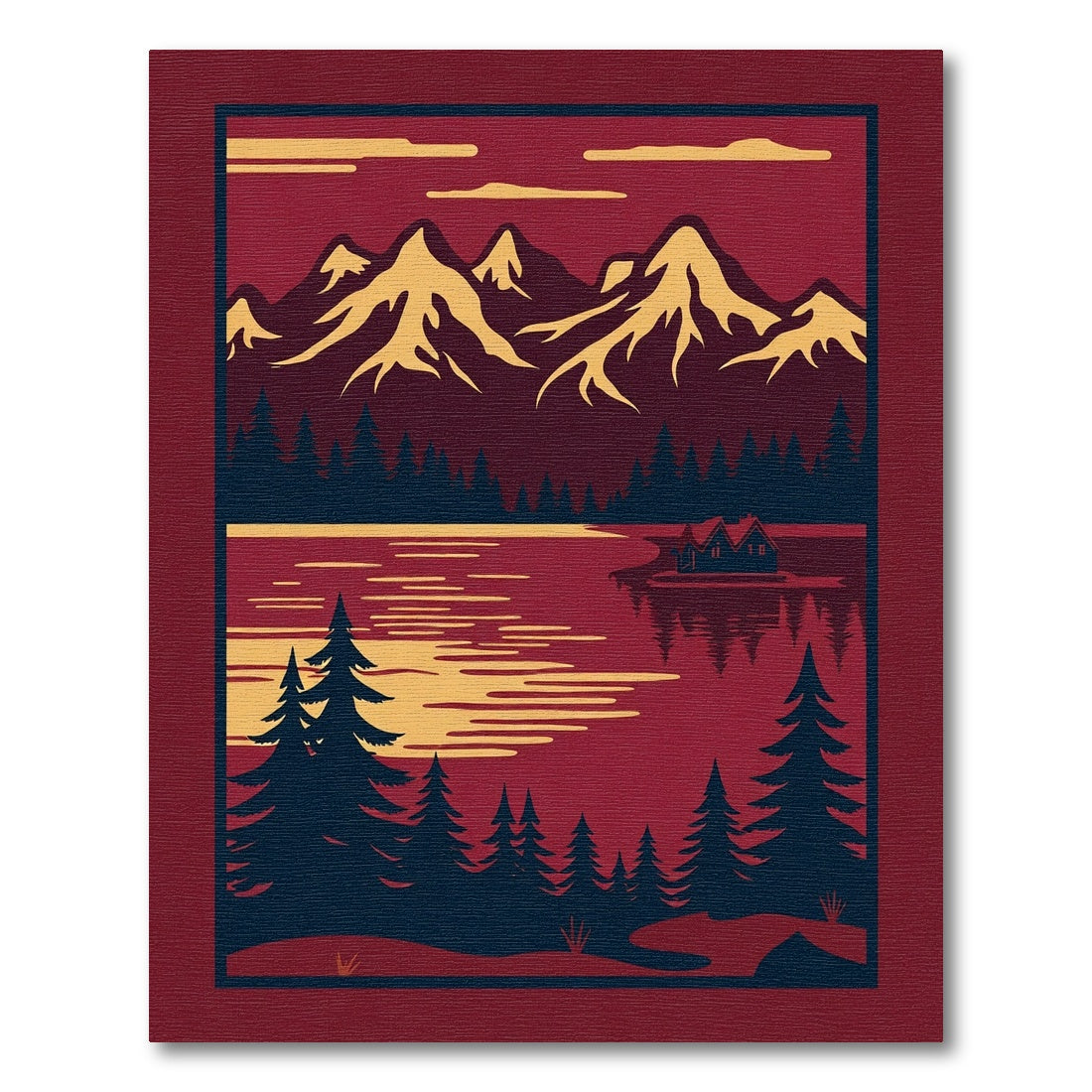 Crimson Mountain Lake Cabin Landscape Rug