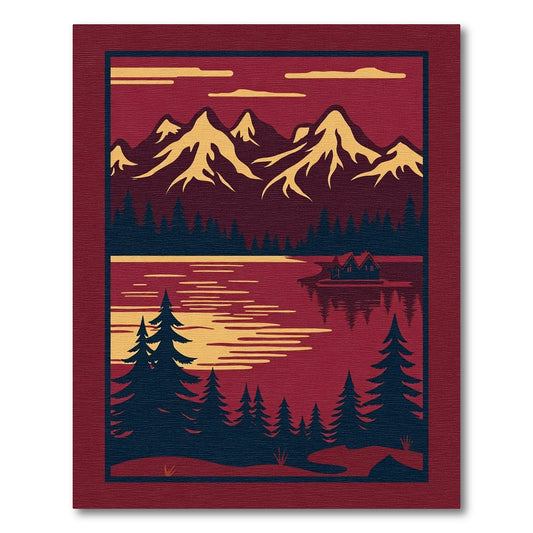 Crimson Mountain Lake Cabin Landscape Rug