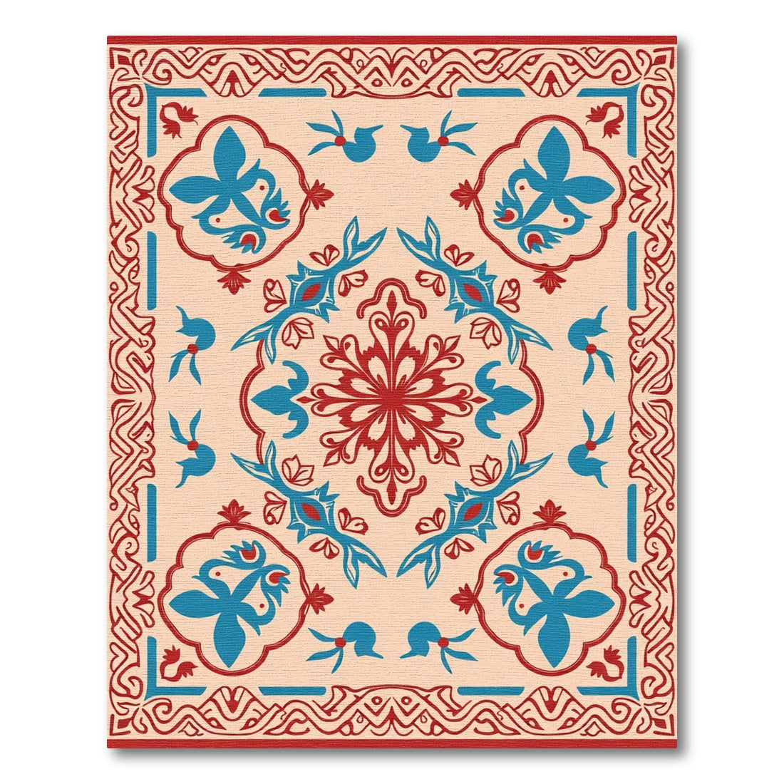Crimson Blue Floral Mandala Border Rug