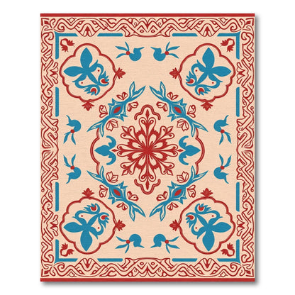 Crimson Blue Floral Mandala Border Rug