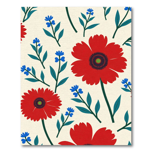 Bright Red Blue Floral Botanical Composition Rug