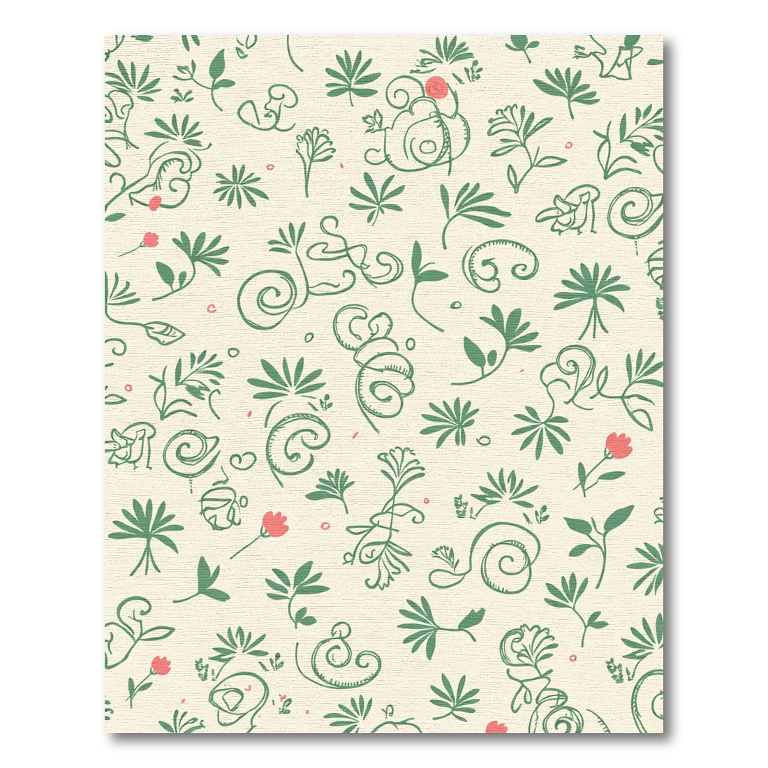 Green Leaf and Coral Floral Scroll Rug