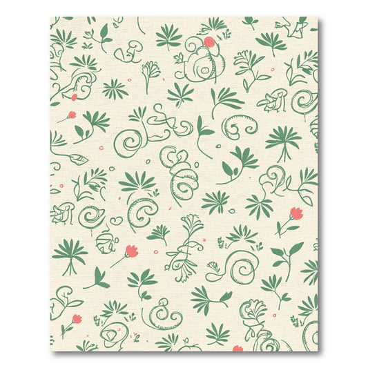 Green Leaf and Coral Floral Scroll Rug