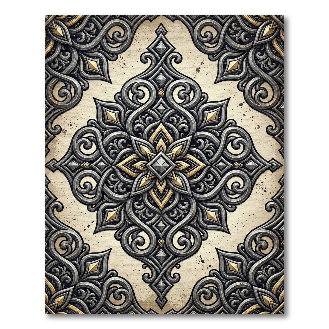 Ornate Gold and Gray Swirl Medallion Rug