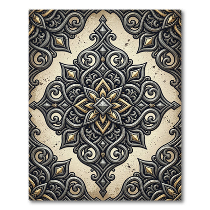 Ornate Gold and Gray Swirl Medallion Rug