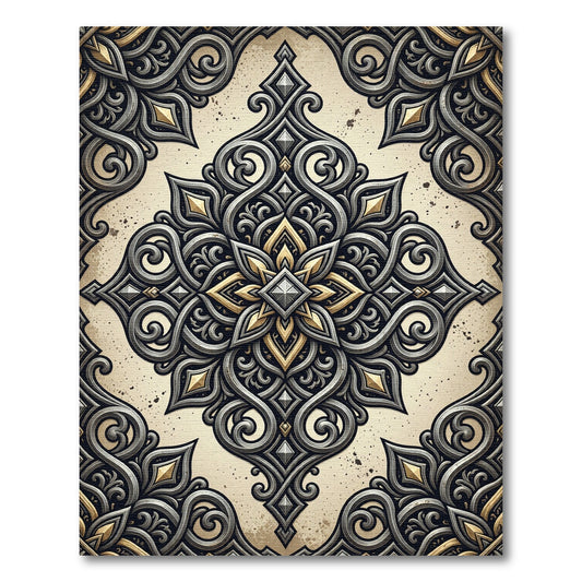 Ornate Gold and Gray Swirl Medallion Rug