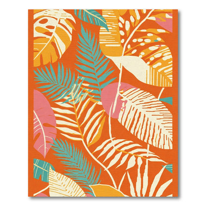 Vibrant Orange Tropical Leaf Collage Rug