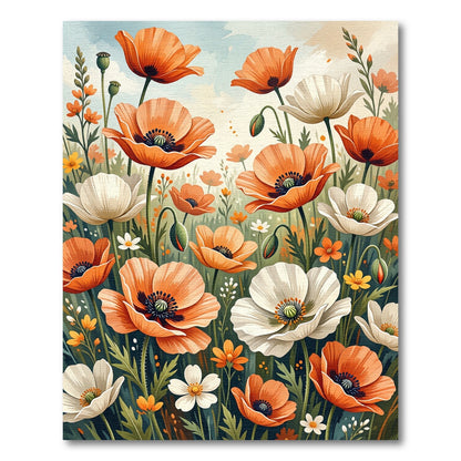 Whimsical Orange White Poppies Meadow Rug