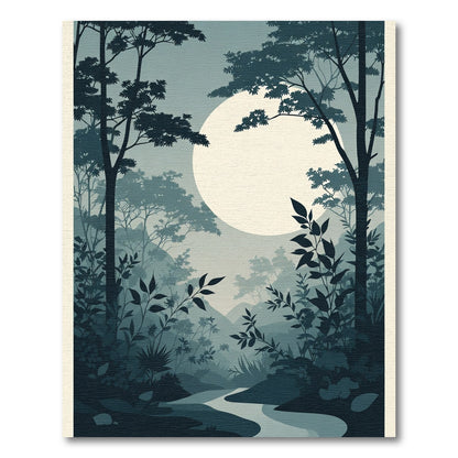 Misty Blue Forest Moonlit River Scene Rug