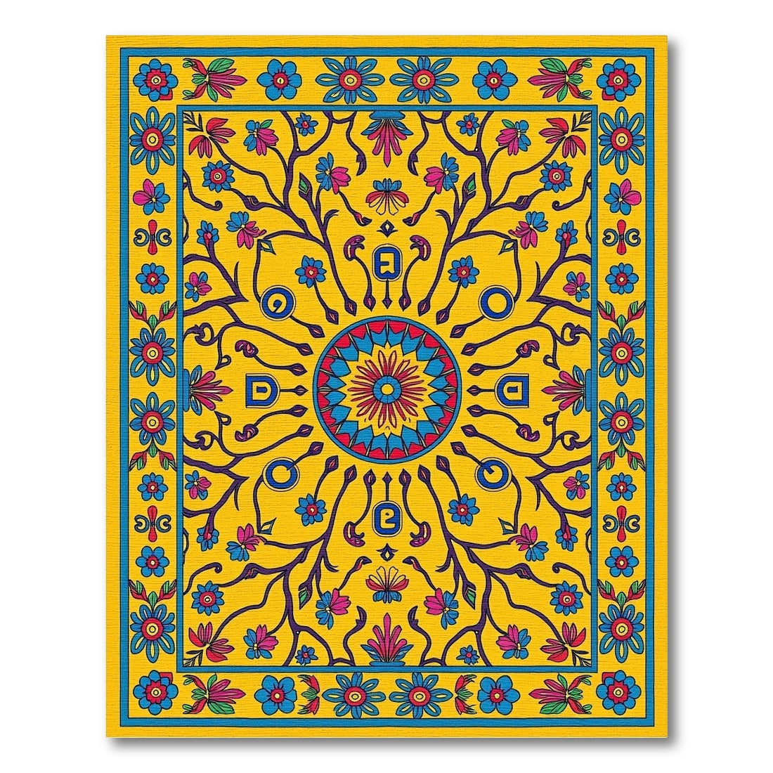 Vibrant Yellow Floral Medallion Art Rug