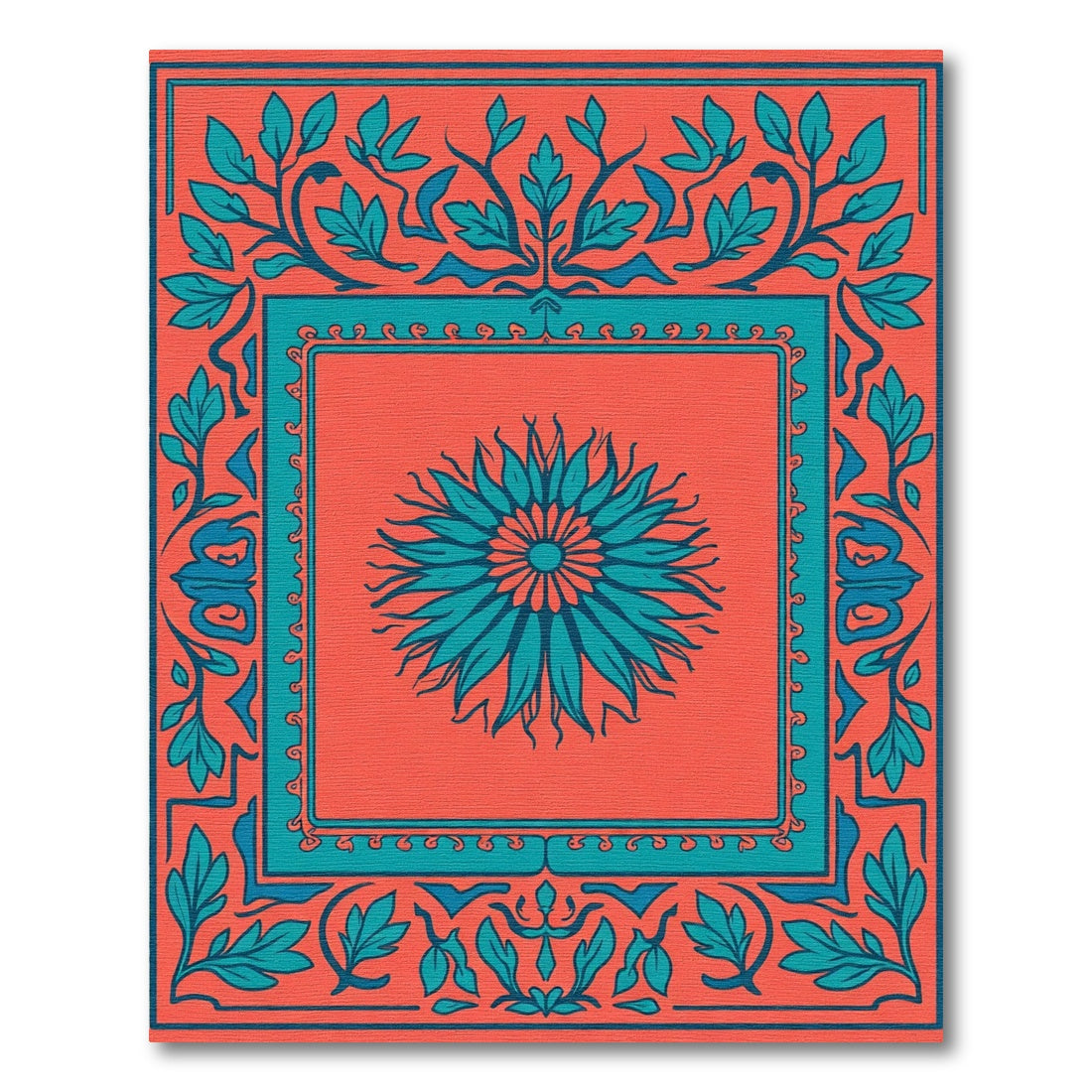 Coral Teal Floral Sunburst Frame Rug