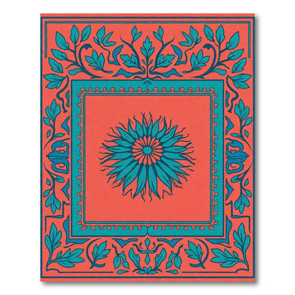 Coral Teal Floral Sunburst Frame Rug