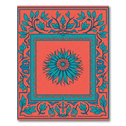 Coral Teal Floral Sunburst Frame Rug