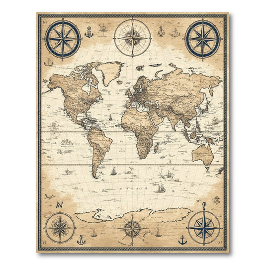 Vintage World Map Area Rug with Compass