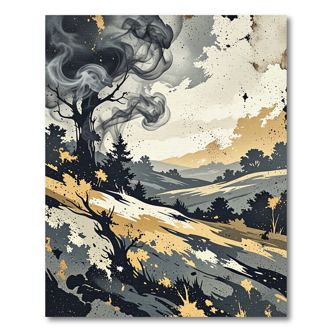 Smoky Black and Gold Landscape Splatter Rug