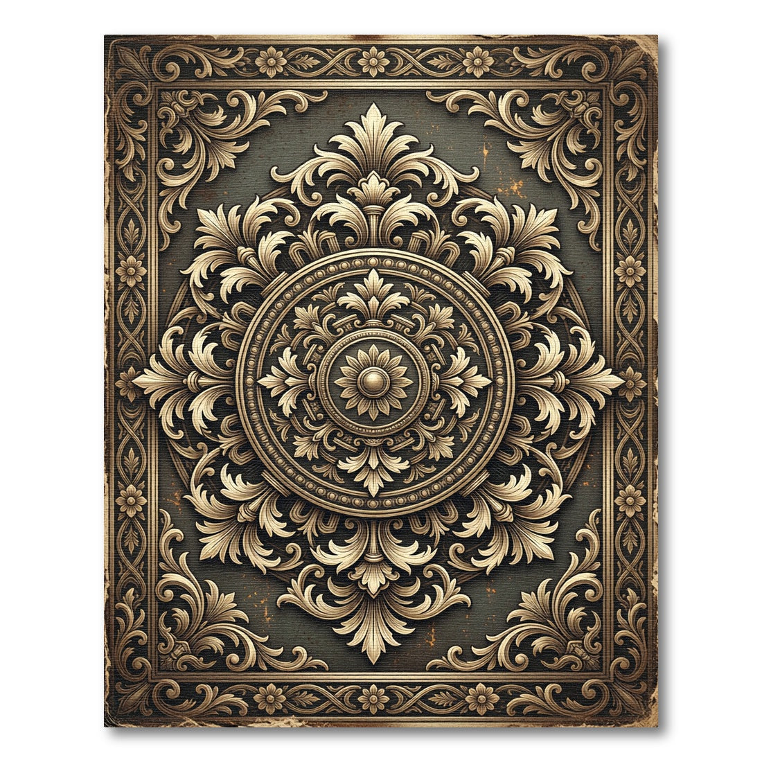 Ornate Gold Floral Medallion Frame Rug