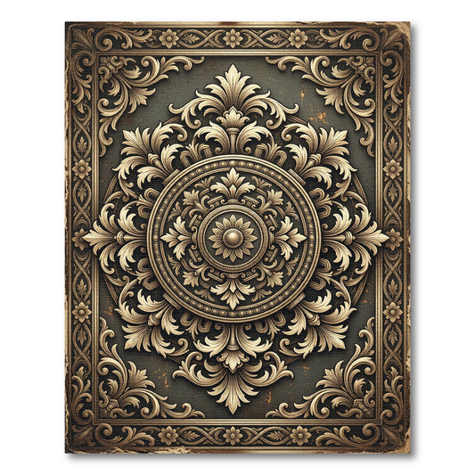 Ornate Gold Floral Medallion Frame Rug