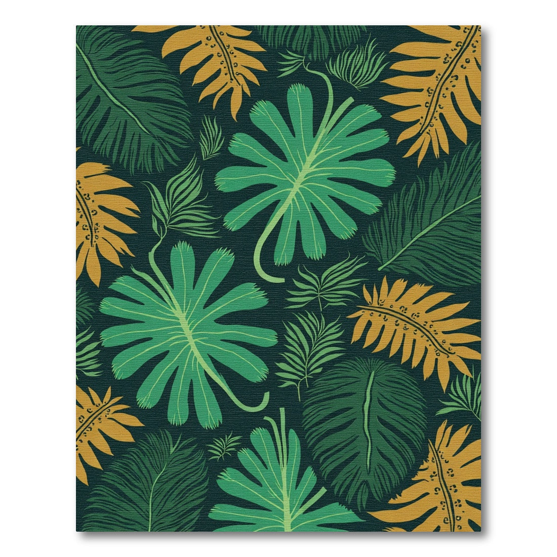Tropical Leafy Pattern Green Gold Rug