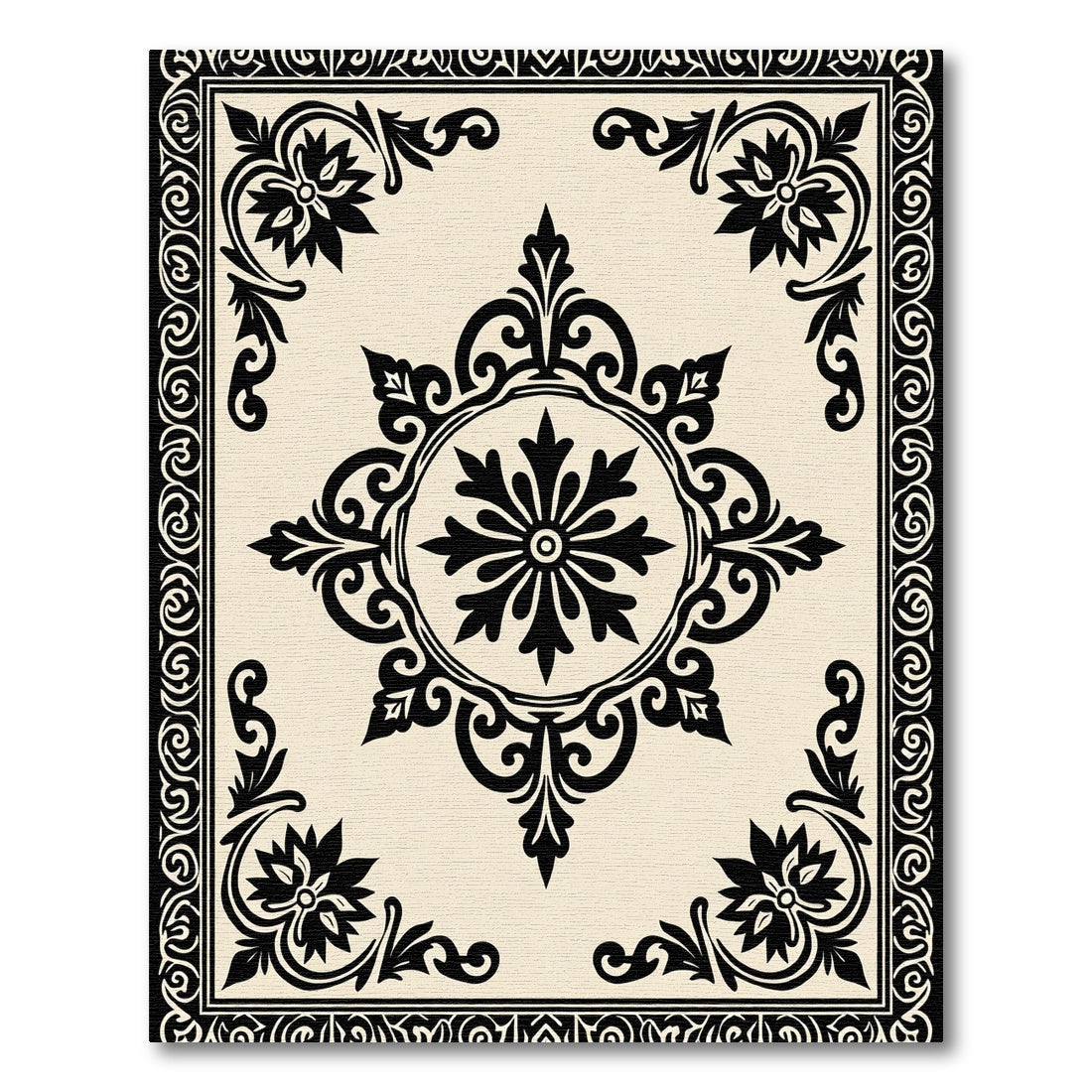 Black Floral Medallion Cream Border Rug