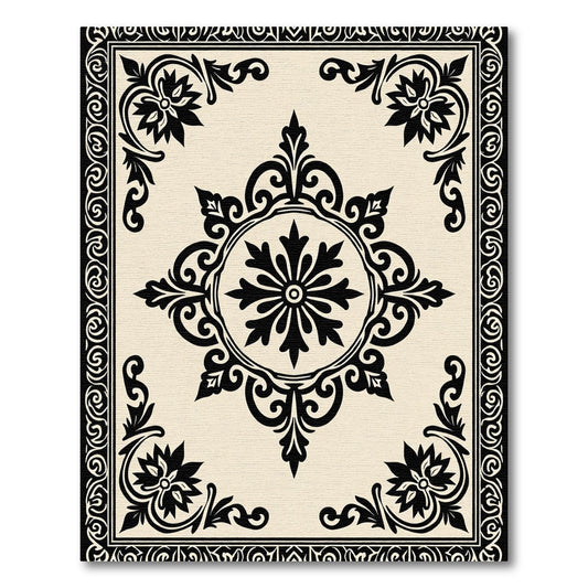 Black Floral Medallion Cream Border Rug