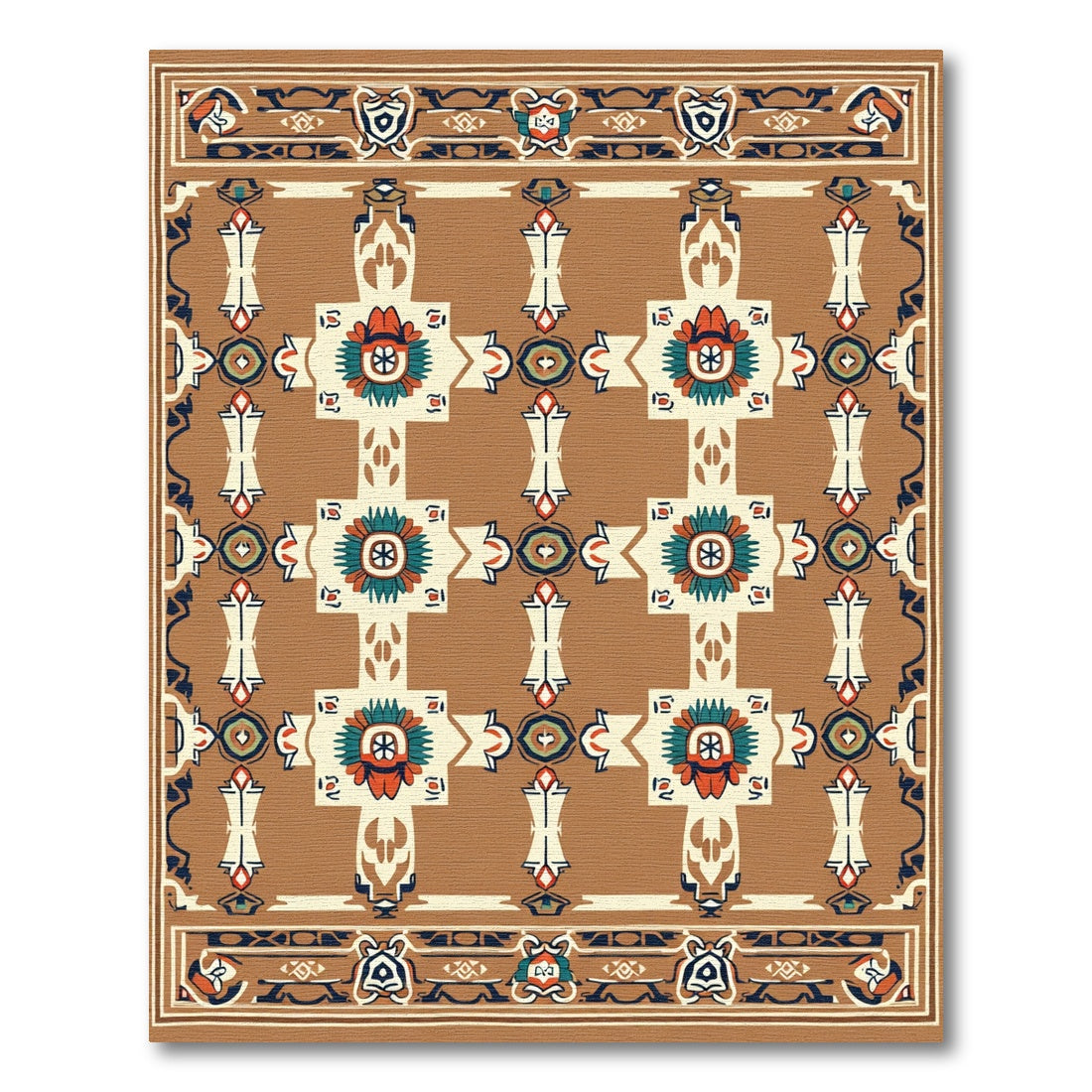 Brown Orange Floral Geometric Border Rug