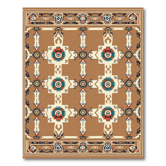 Brown Orange Floral Geometric Border Rug