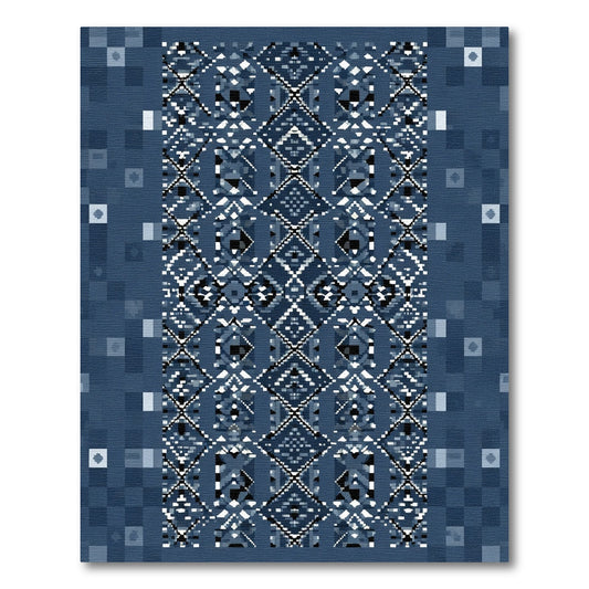 Deep Blue Pixelated Diamond Geometric Rug