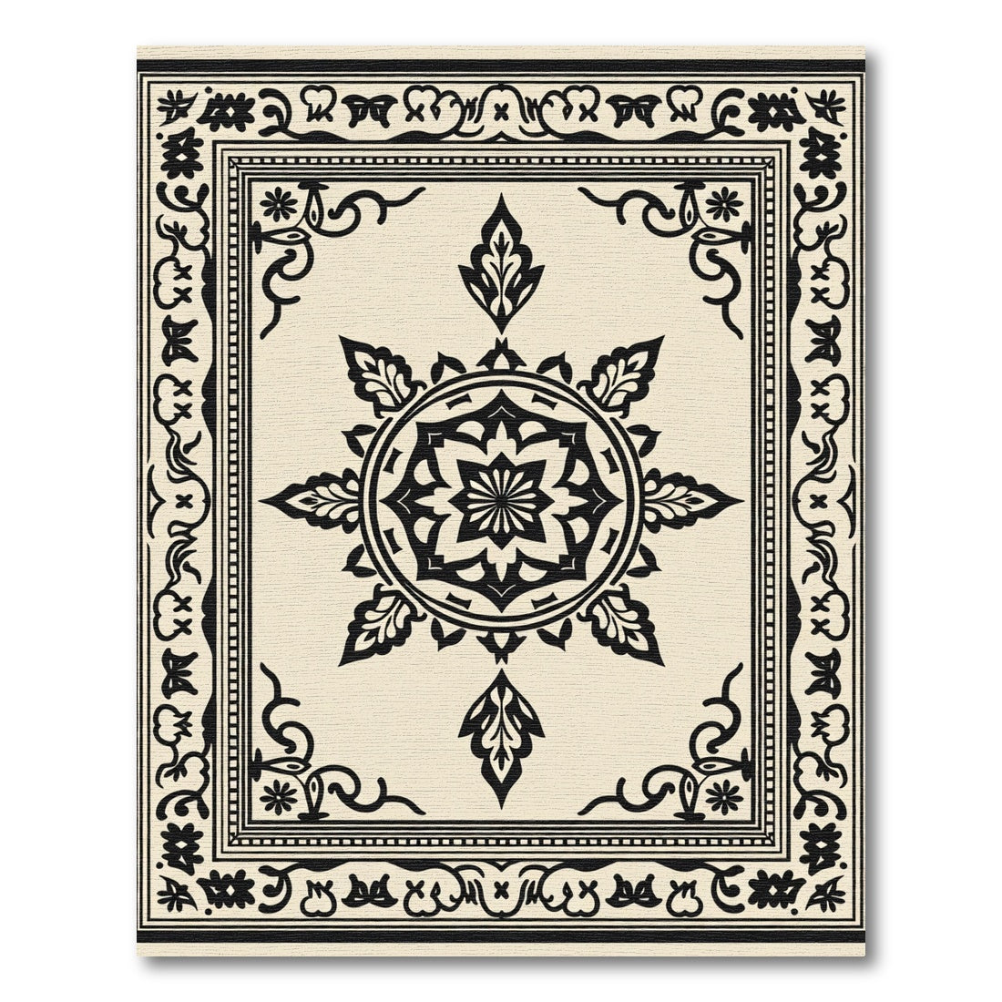 Cream Black Medallion Floral Frame Rug