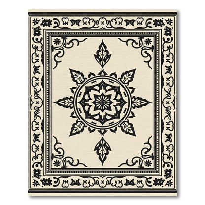 Cream Black Medallion Floral Frame Rug