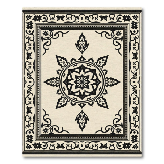 Cream Black Medallion Floral Frame Rug