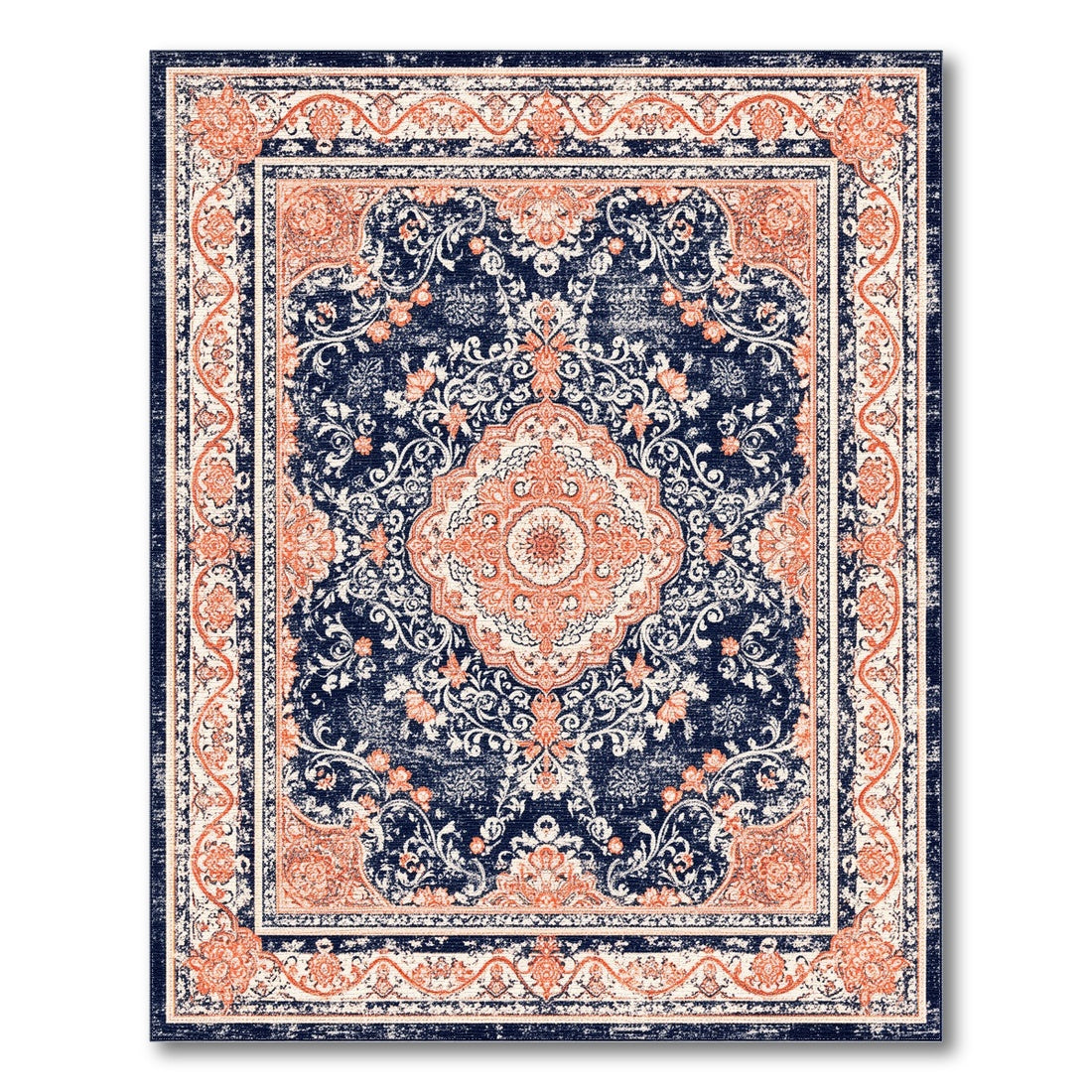 Navy Blue Distressed Persian Medallion Rug