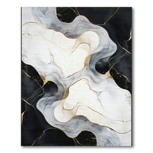 Black White Abstract Marble Area Rug with Gold Accents