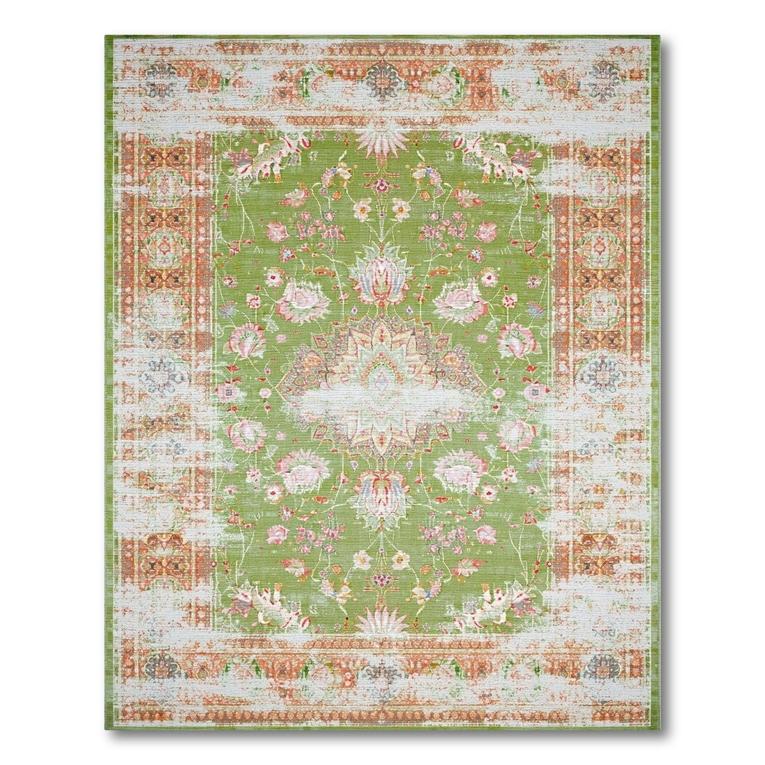 Green Floral Distressed Vintage Area Rug