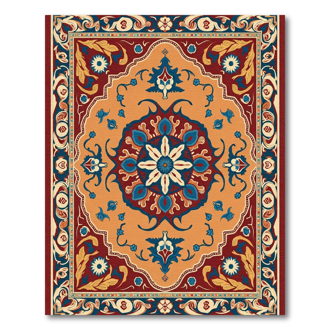 Deep Red Blue Orange Floral Medallion Rug
