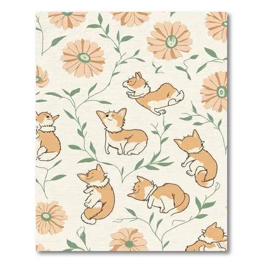 Whimsical Corgi Floral Garden Rug