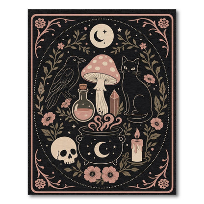 Black and White Mystical Black Cat Cauldron Area Rug