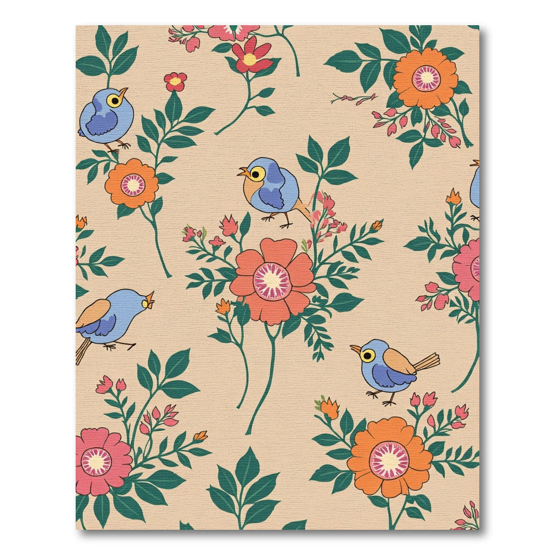 Whimsical Blue Birds Coral Flowers Rug