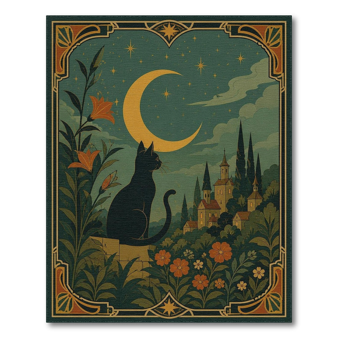 Moonlit Black Cat Floral Vintage Rug