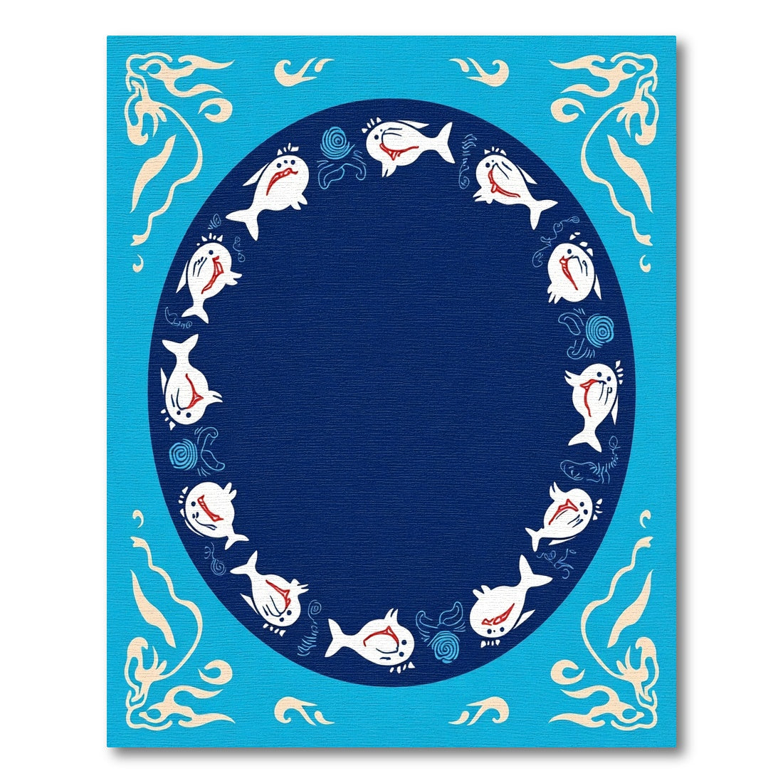 Whimsical White Fish Blue Circle Border Rug