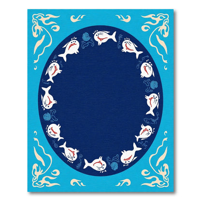 Whimsical White Fish Blue Circle Border Rug