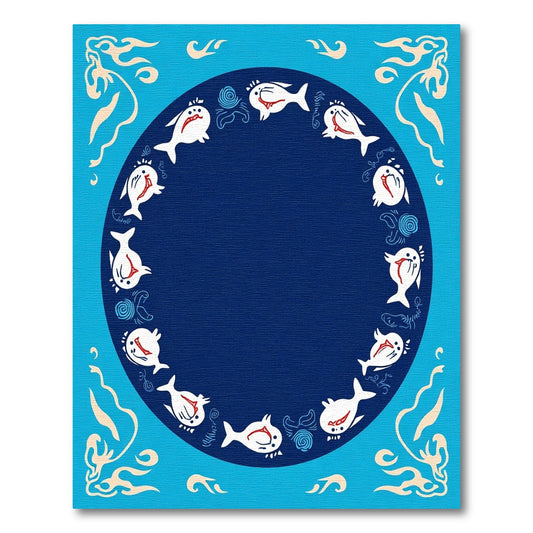 Whimsical White Fish Blue Circle Border Rug