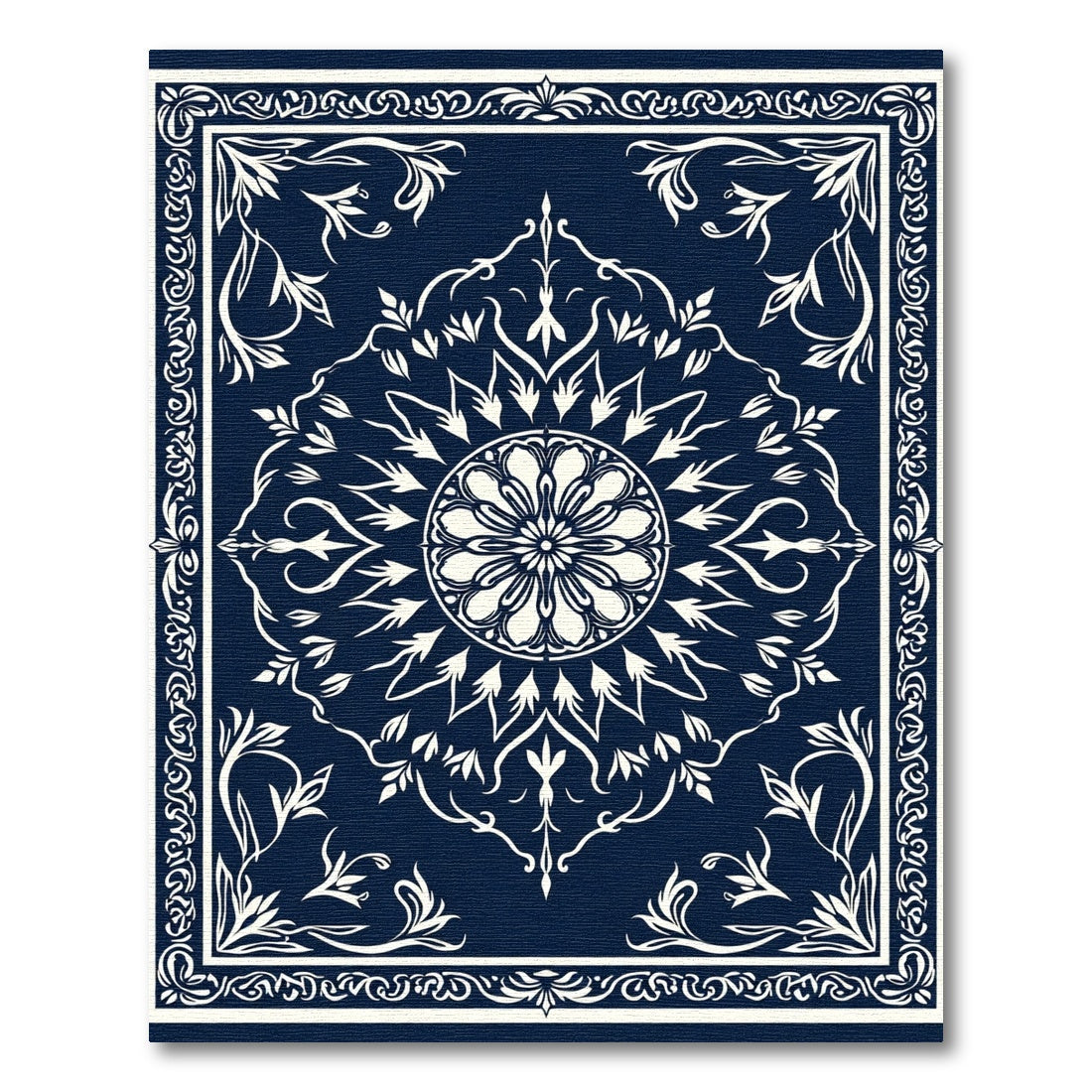 Deep Navy White Floral Medallion Rug